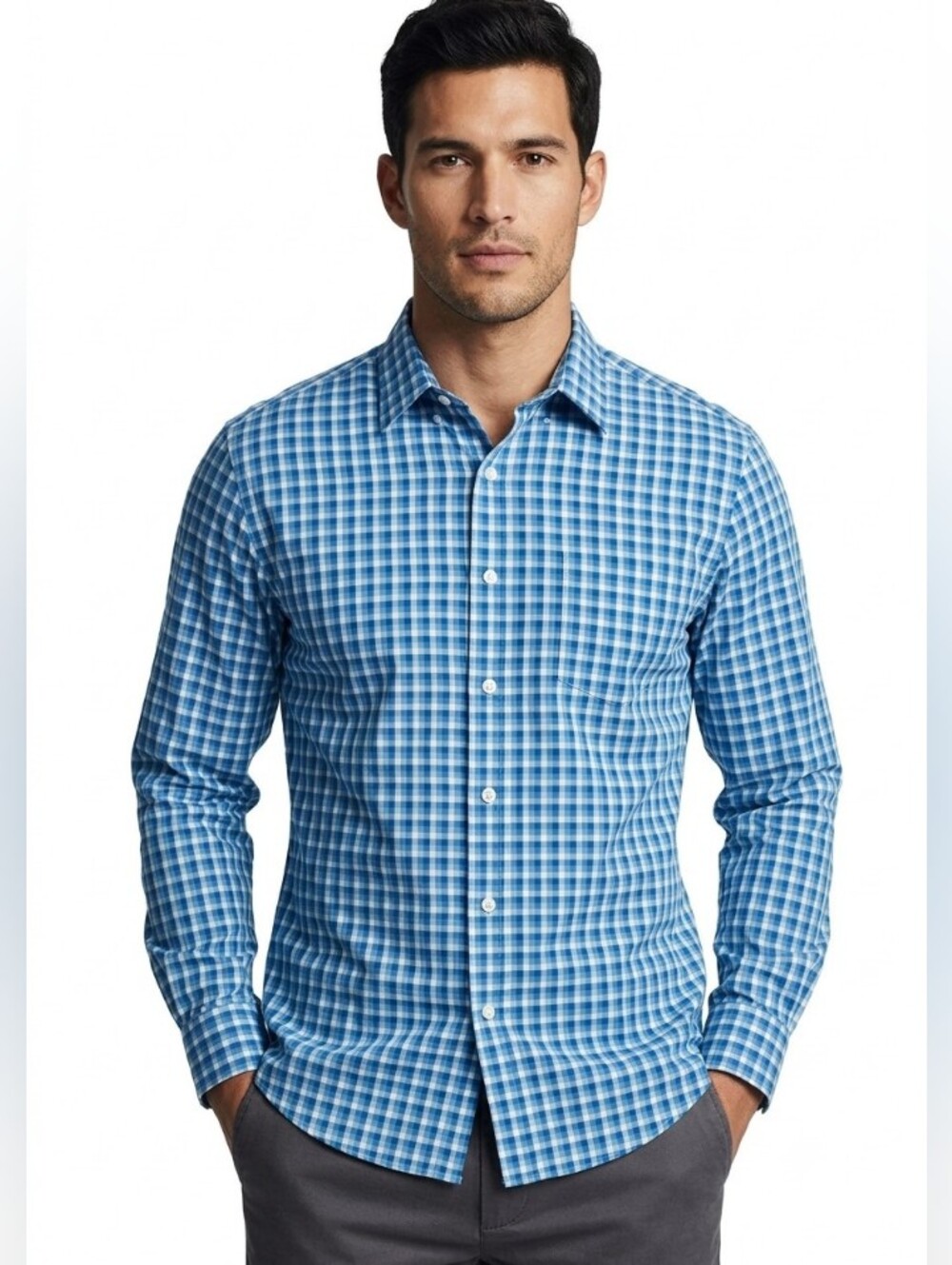 Lands' End Plaid Regular Fit Shirt Blue Teal White 18-18.5 34-351
